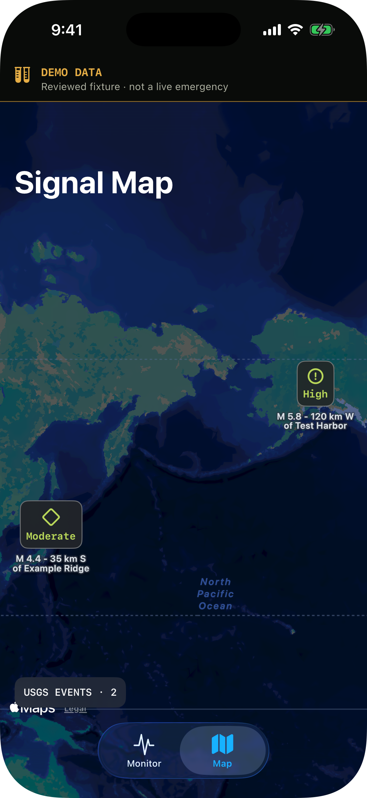 Zombie Apocalypse Indicator iOS Signal Map labeled DEMO DATA, showing two geographic USGS fixture signals with distinct High and Moderate symbols.