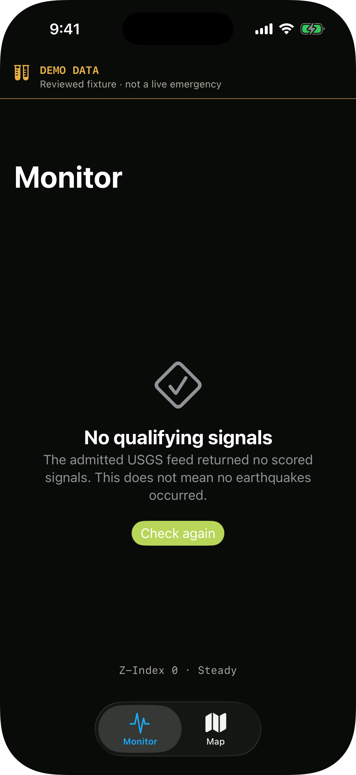 Zombie Apocalypse Indicator iOS Monitor empty state labeled DEMO DATA, showing no qualifying signals and a Z-Index of zero.